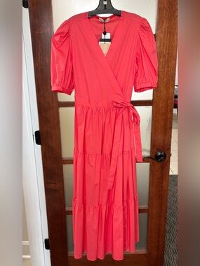 Twin-Set Coral Wrap Maxi Dress with Puff Sleeves